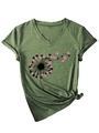Détail d'un t-shirt col en V vert foncé avec imprimé pissenlit cœur et nœud sur le côté - Vert Olive (Graphique Noir)