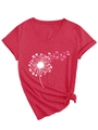 Détail du t-shirt rouge à col en V avec imprimé cœur pissenlit et nœud latéral élégant - Rouge (Graphique Blanc)
