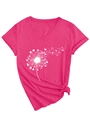 Détail du t-shirt rose à col en V avec imprimé pissenlit cœur et nœud élégant à l'ourlet - Rose Rouge (Graphique Blanc)