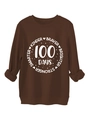 Detail of ribbed cuffs and 100 Days smarter kinder braver print on brown sweatshirt - Coffee