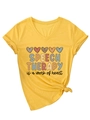 Detail of V-neck short sleeve tee with colorful heart print and decorative waist knot - S / Yellow