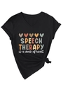 Detail view of V-neck black T-shirt with heart print and Speech Therapy text - S / Black