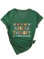 Detail of V-neck dark green t-shirt with heart graphics and Speech Therapy text - S / Vintage Green