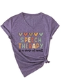 Detail of V-neck speech therapy t-shirt in purple with a knotted hem and heart graphics - S / Purple (Black Print)