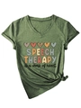 Detail of army green V-neck T-shirt with heart graphic and speech therapy slogan - S / Olive Green
