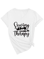 Detail of V-neck white cotton T-shirt with sewing print and stylish side knot hem - S / White (Black Font)