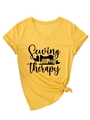 Detail of V-neck yellow T-shirt with 'Sewing IS MY therapy' print and knot hem design - S / Yellow (Black Text)