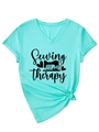 V-neck mint green T-shirt with Sewing is My Therapy text and stylish front knot detail - S / Deep Water Blue (Black Font)