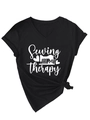 Detail of black V-neck sewing therapy T-shirt with creative print and stylish side knot - Black (White Letters)