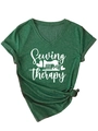 Detail of V-neck dark green t-shirt with sewing print and decorative knot at the hem - Retro Green (White Font)