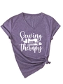 Detail of Sewing Is My Therapy print on purple V-neck T-shirt with stylish knot hem - Purple (White Font)