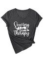 Detail of grey heather V-neck t-shirt with Sewing Is My Therapy print and side knot - Black Marled (White Font)