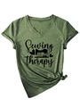 Detail of Sewing Is My Therapy slogan and sewing machine print on green V-neck cotton T-shirt - Olive Green (Black Font)