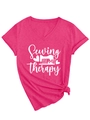 Detail of rose red V-neck T-shirt with Sewing is my therapy print and front knot tie - Rose Red (White Font)