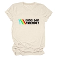 Detail of retro graphic print on oatmeal round neck t-shirt with colorful stripes - S / Sand (Black Text)