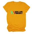 Close-up of retro DUDE I SAID FRIENDLY text and color stripes on ginger yellow T-shirt - S / Mustard Yellow (Black Text)