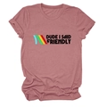 Detail of mauve cotton t-shirt with DUDE I SAID FRIENDLY text and colorful stripes - Rose Gold (Black Text)