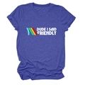 Heather blue t-shirt with Dude I Said Friendly graphic and colorful diagonal stripes - Retro Blue (White Text)