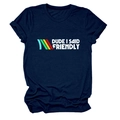 Detail of navy cotton T-shirt with Dude I Said Friendly slogan and colorful stripes - Navy Blue (White Text)