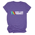 Detail of purple cotton blend T-shirt with Dude I Said Friendly print and color stripes - Purple (White Text)