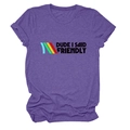 Detailed view of purple crew neck t-shirt with Dude I Said Friendly graphic and stripes - Purple (Black Text)