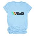 Light blue crew neck t-shirt with Dude I Said Friendly graphic and colorful stripes - Light Blue (Black Text)