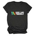 Detail of charcoal gray crew neck t-shirt with Dude I Said Friendly graphic and color bars - Heather Charcoal (White Text)