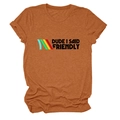 Detail view of burnt orange t-shirt with Dude I Said Friendly print and color stripes - Burnt Orange (Black Text)