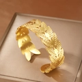 18K gold plated leaf-shaped open ring with vintage brushed texture for women - Gold Leaf Style (F2761)