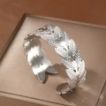 Leaf design open cuff bracelet in silver finish with matte leaf texture details - Silver Leaf Style (F2762)