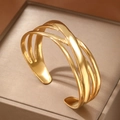 Minimalist gold multi-layer crisscross open bangle with high-polish metallic finish - Gold Style (F2843)