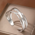 Polished silver layered cross-line open cuff bracelet with minimalist mirror finish - Silver Style (F2844)
