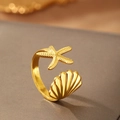 Adjustable gold starfish and seashell ring with textured finish for ocean beach style - Gold Starfish Shell Style (C5363)