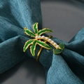 Tropical gold coconut tree napkin ring with green enamel and pearls on dark blue linen - Green Coconut Tree With Pearl