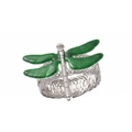 Detail of dragonfly curtain tieback with green enamel wings and woven metal band - Green Dragonfly Silver Spring Curtain Clips
