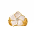 Detail of flower ring featuring white enamel petals and gold wire wrapped band - Flower Curtain Tieback