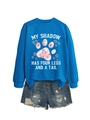 Sweat bleu à col rond avec imprimé à thème animalier et short en jean à plat - Bleu lac (Graphique blanc)