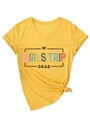 Détail du t-shirt jaune à col en V avec cœur léopard et imprimé Girls Trip 2026 - S / Jaune (Graphique Noir)