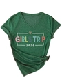 Detail of dark green V-neck T-shirt with leopard heart and Girls Trip 2026 print - S / Retro Green (White Graphic)