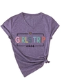 Detail of V-neck T-shirt with Girls Trip 2026 leopard heart and front knot design - S / Purple (Black Graphic)