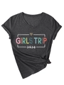 Detail of V-neck dark grey t-shirt with knotted hem and Girls Trip 2026 leopard heart print - S / Heather Grey (White Graphic)