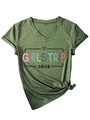 Detail of V-neck dark green t-shirt with Girls Trip 2026 leopard heart print and knotted hem - S / Olive Green (Black Graphic)