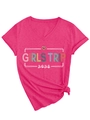 Close-up of pink V-neck t-shirt with leopard heart Girls Trip 2026 print and side knot - S / Rose Red (White Graphic)