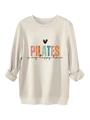 Λεπτομέρεια εκτύπωσης Pilates σε μπεζ φούτερ με ριμπ μανσέτες και μαλακή φλις υφή - S / Χρώμα της Άμμου