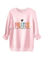 Dettaglio della felpa Pilates rosa con scritta is my happy hour su sfondo bianco - Rosa