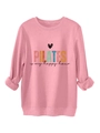 Dettaglio della felpa rosa Pilates con scritte colorate e tessuto in cotone morbido - Pesca