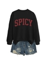 Detail of black Spicy letter print sweatshirt paired with distressed denim blue shorts - Black