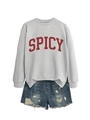 Detail of grey SPICY sweatshirt and distressed denim shorts with frayed edges - Gray