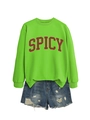 Detail of neon green spicy letter print sweatshirt with blue distressed denim shorts - Fluorescent Green