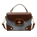 Vintage style brown leather and blue denim patchwork rectangular flap crossbody bag - Blue (ym5033)